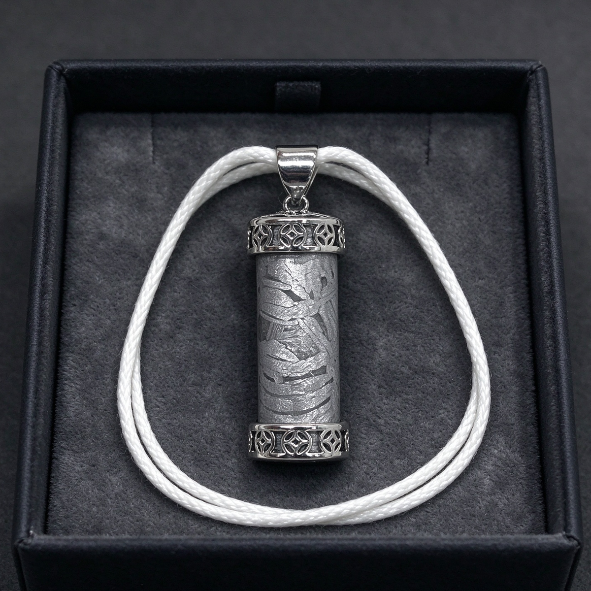 Muonionalusta Meteorite Column Pendant, Stainless Steel Hollow Coin Pattern Setting, White Braided Cord Necklace,
