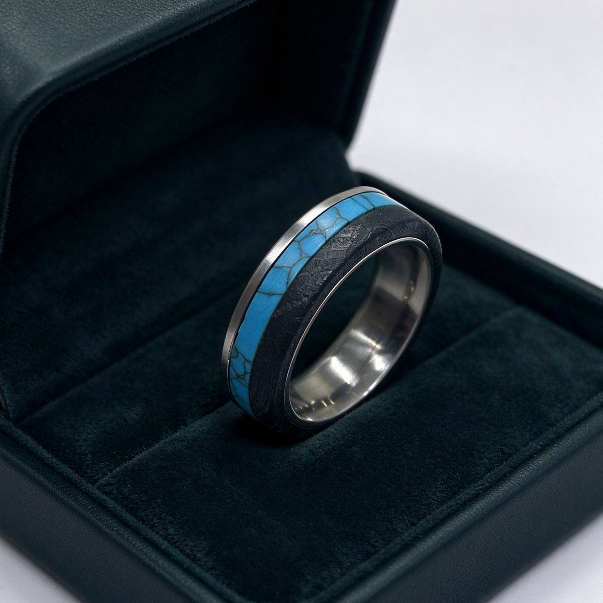 Handmade Munioanasterra Meteorite Ring, Turquoise Inlay, Space Rock Wedding Band