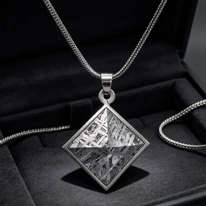 Genuine Muonionalusta Meteorite Square Pendant, Faceted Cut Meteorite Necklace