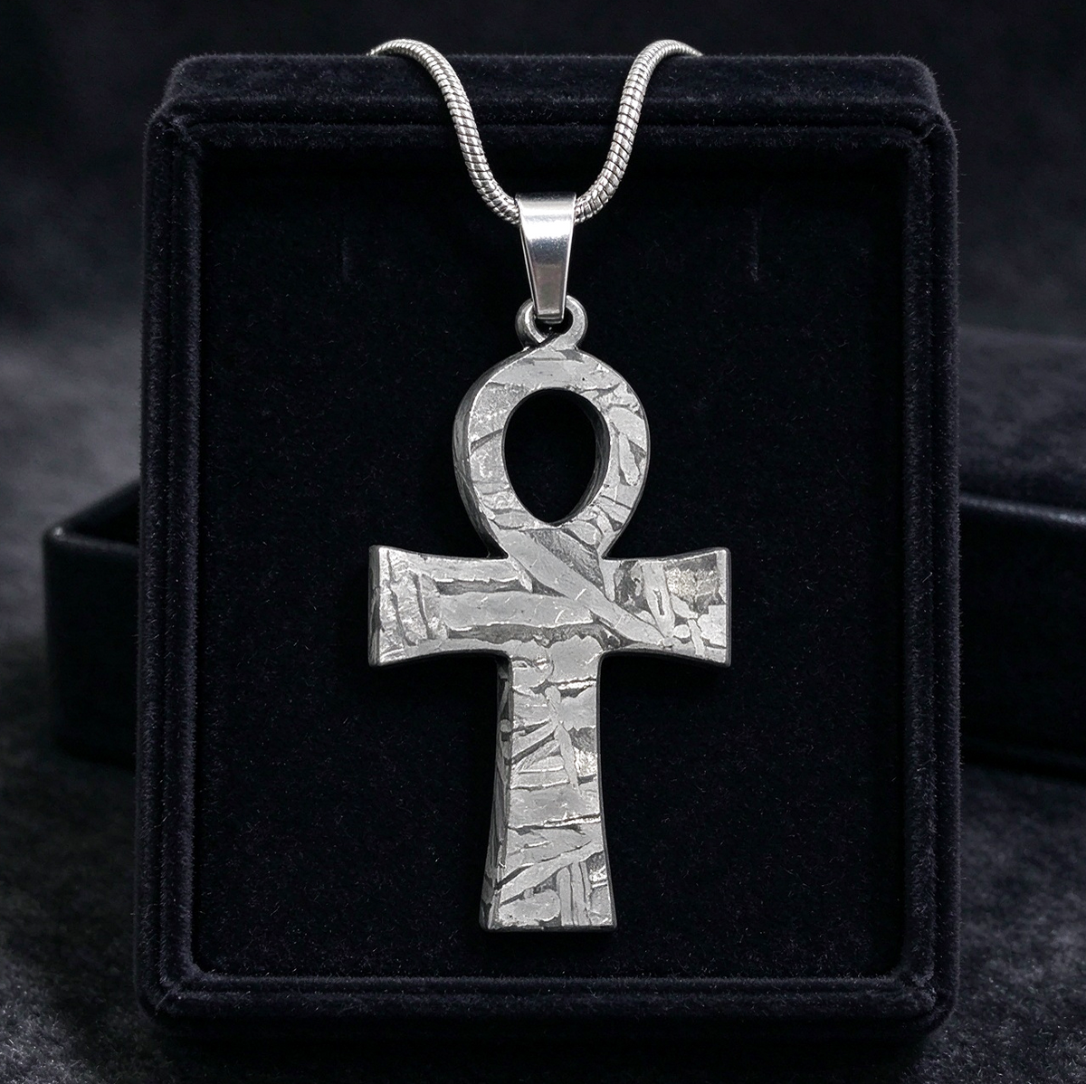Muonionalusta meteorite pendant cross, with naturally etched iron sample pattern Meteorite Necklace / Earrings