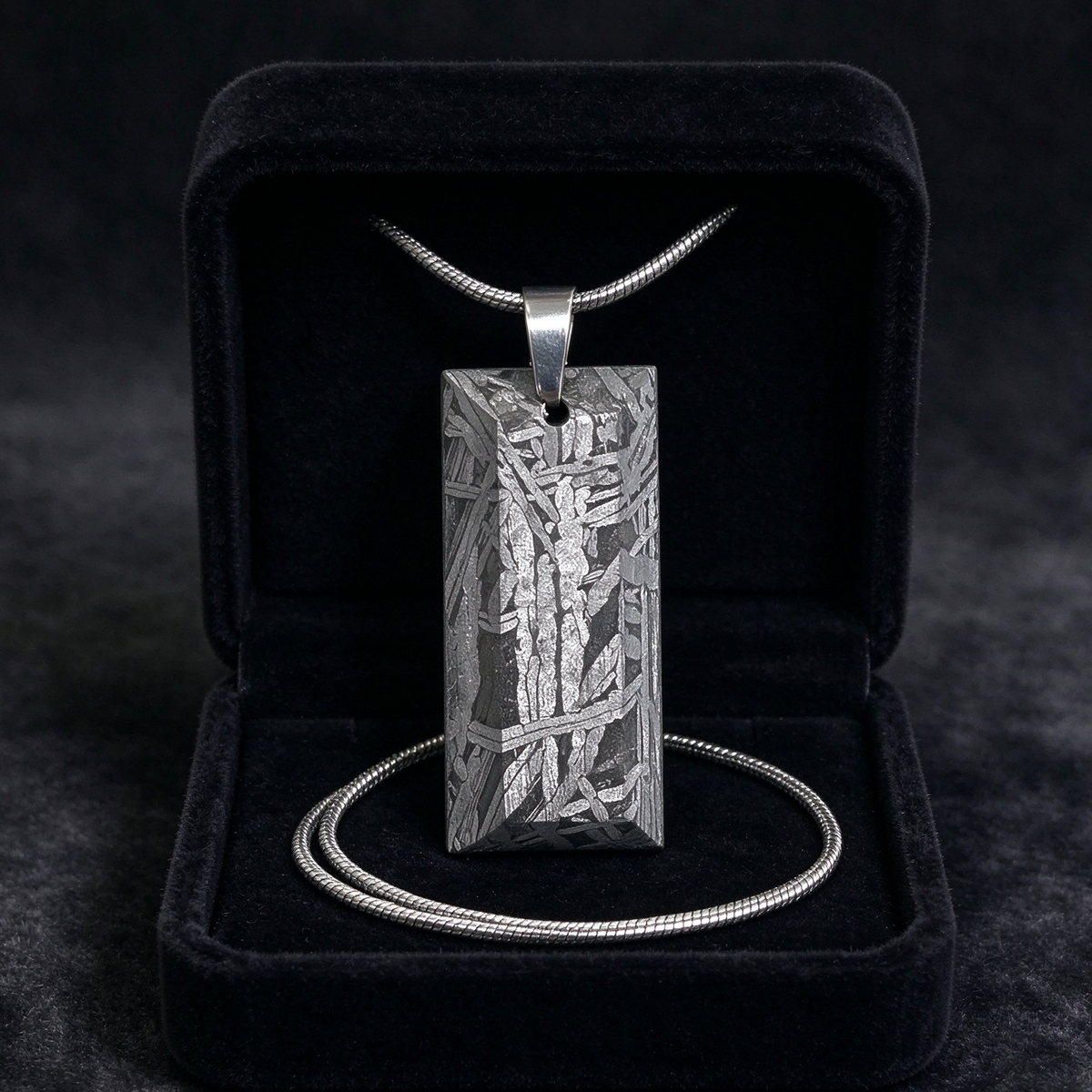 Muonionalusta meteorite pendant with naturally etched iron sample pattern