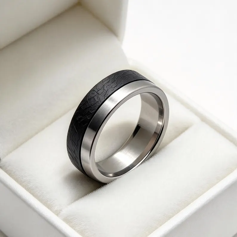Handcrafted Muonionalusta Meteorite Wood Mens Ring, Cosmic Texture Wedding Band