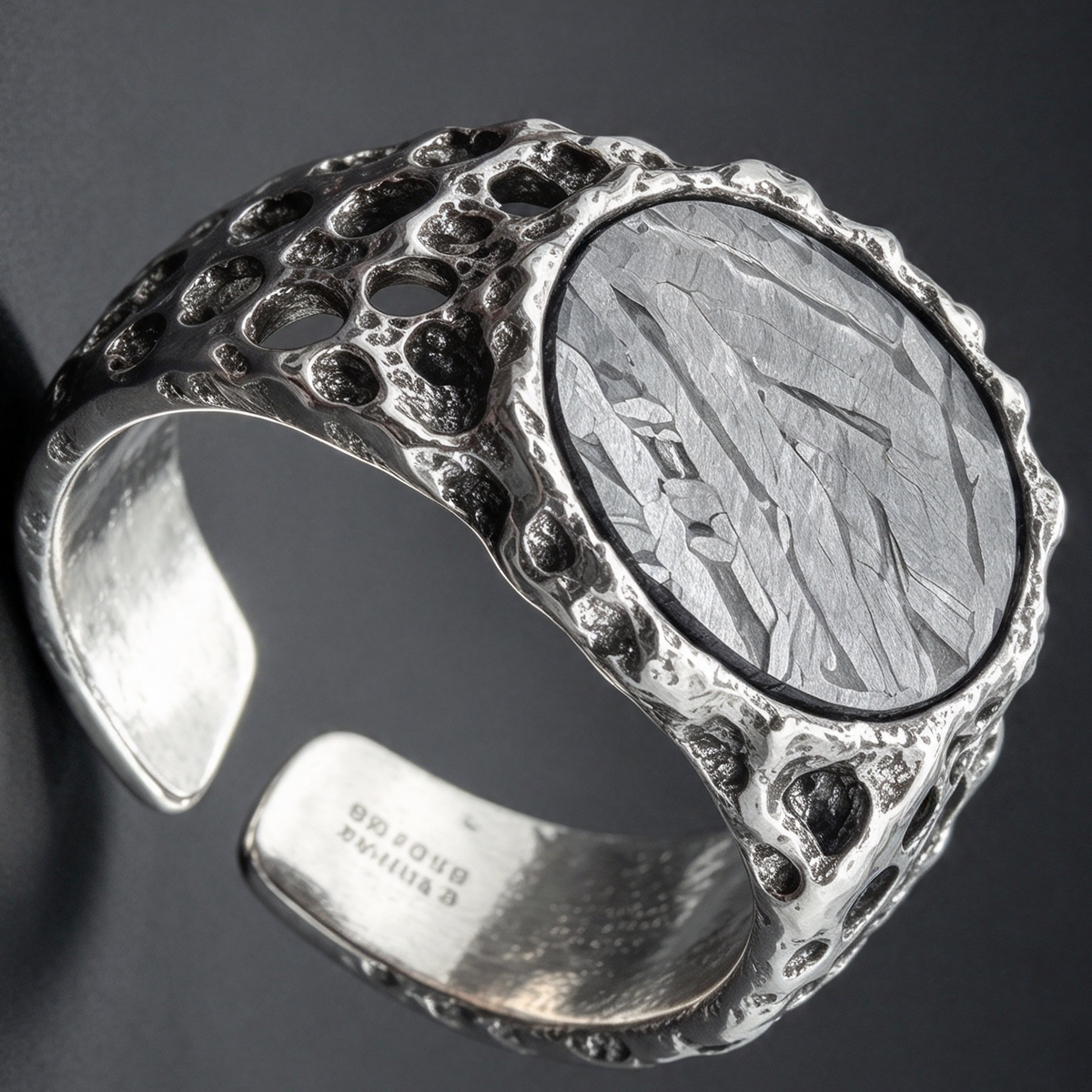 Handmade Irregular Texture Open Ring, Natural Etched Muonionalusta Meteorite Inlay Daily Wear Ring