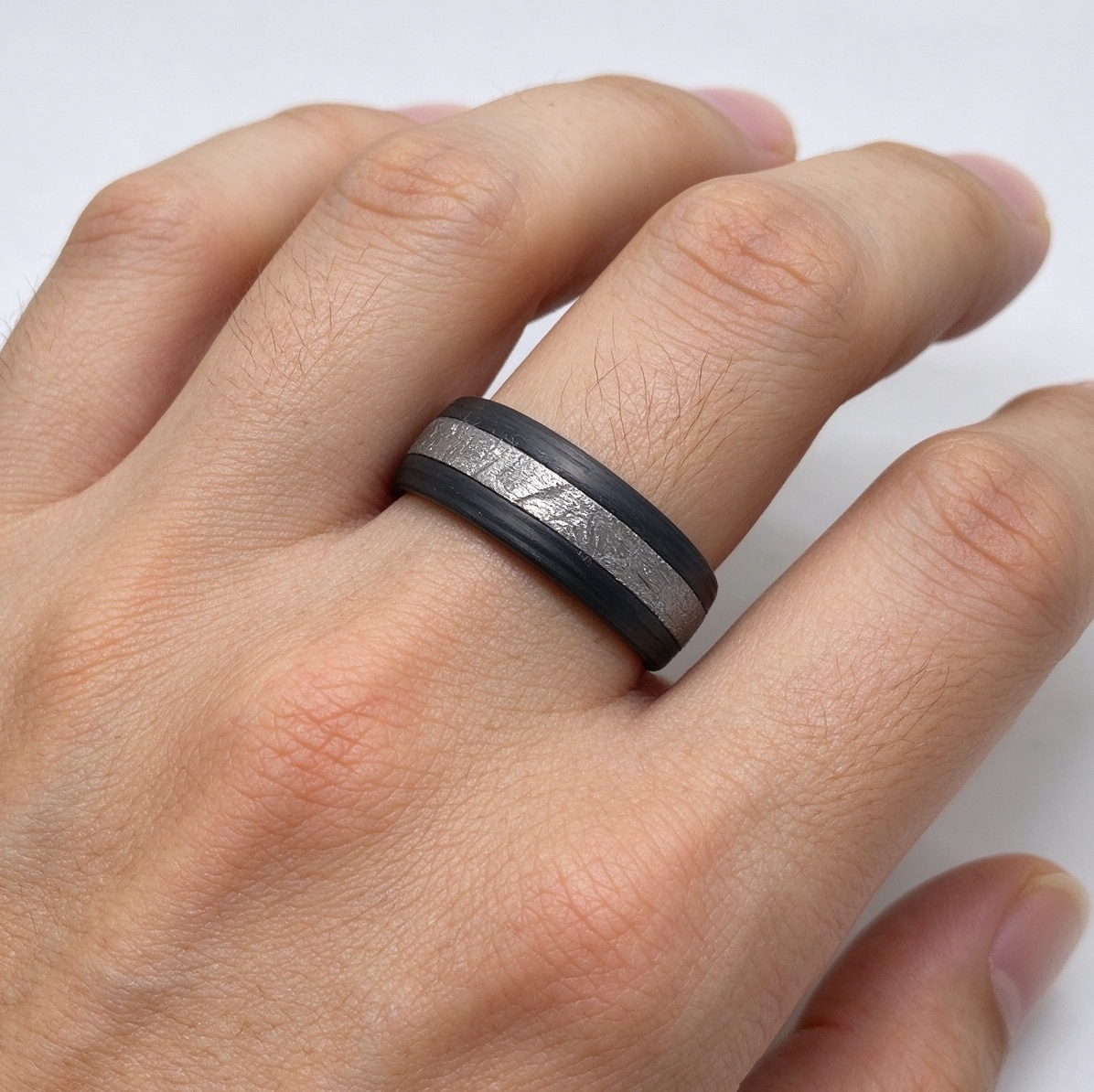 Muonionalusta Meteorite & Carbon Fiber Mens Ring, Mens Wedding Band