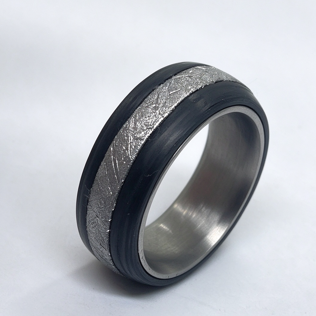 Muonionalusta Meteorite & Carbon Fiber Mens Ring, Mens Wedding Band