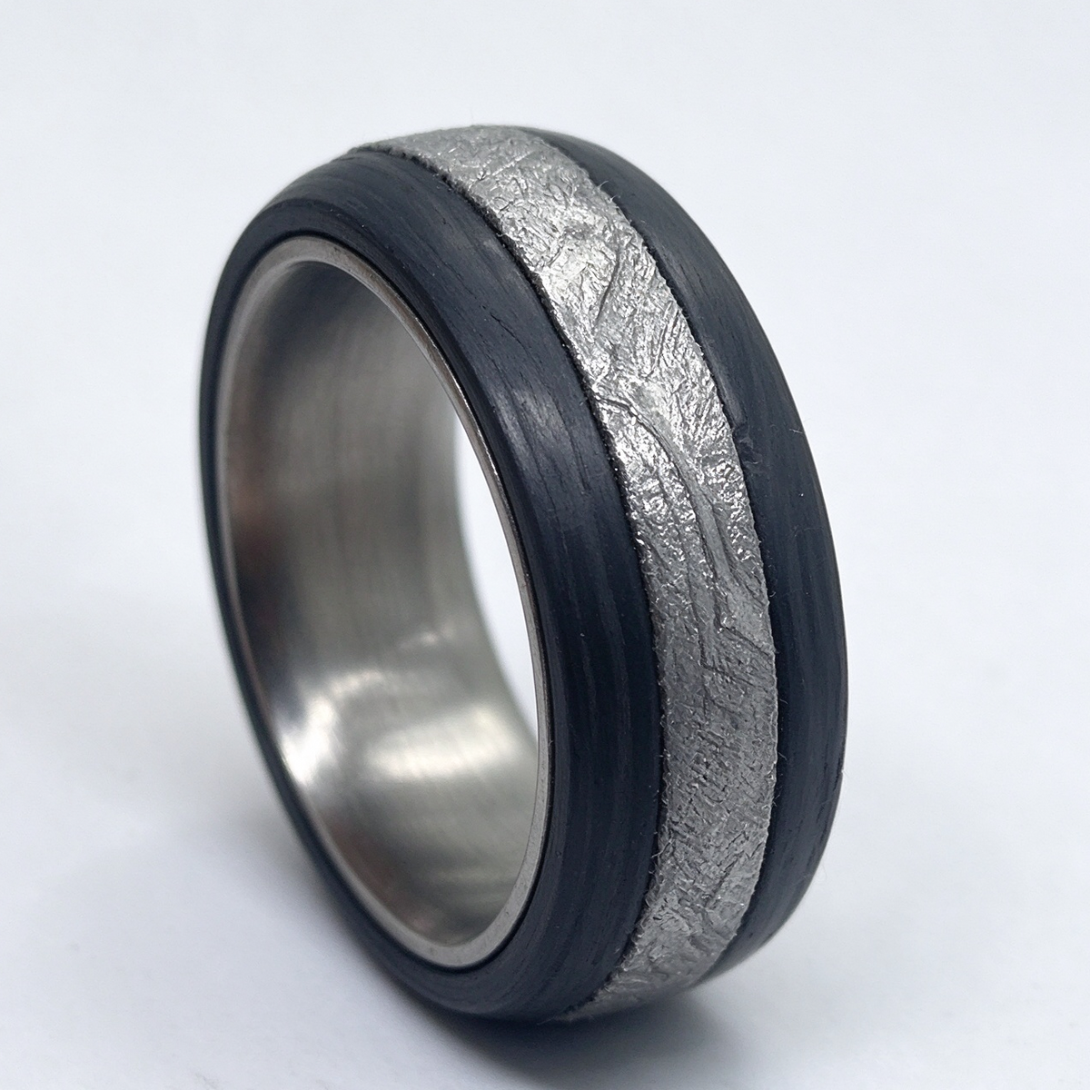 Muonionalusta Meteorite & Carbon Fiber Mens Ring, Mens Wedding Band