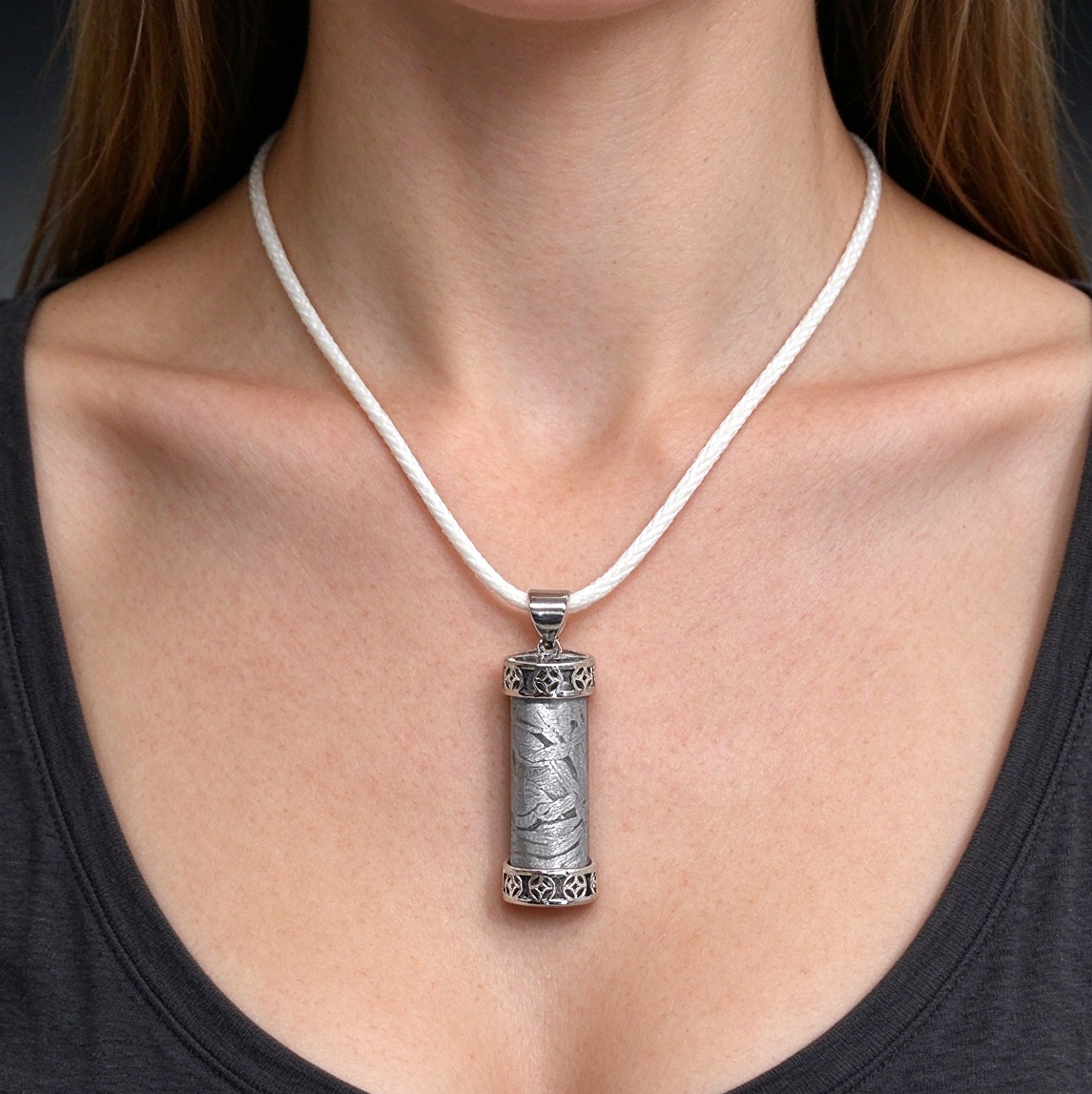 Muonionalusta Meteorite Column Pendant, Stainless Steel Hollow Coin Pattern Setting, White Braided Cord Necklace,