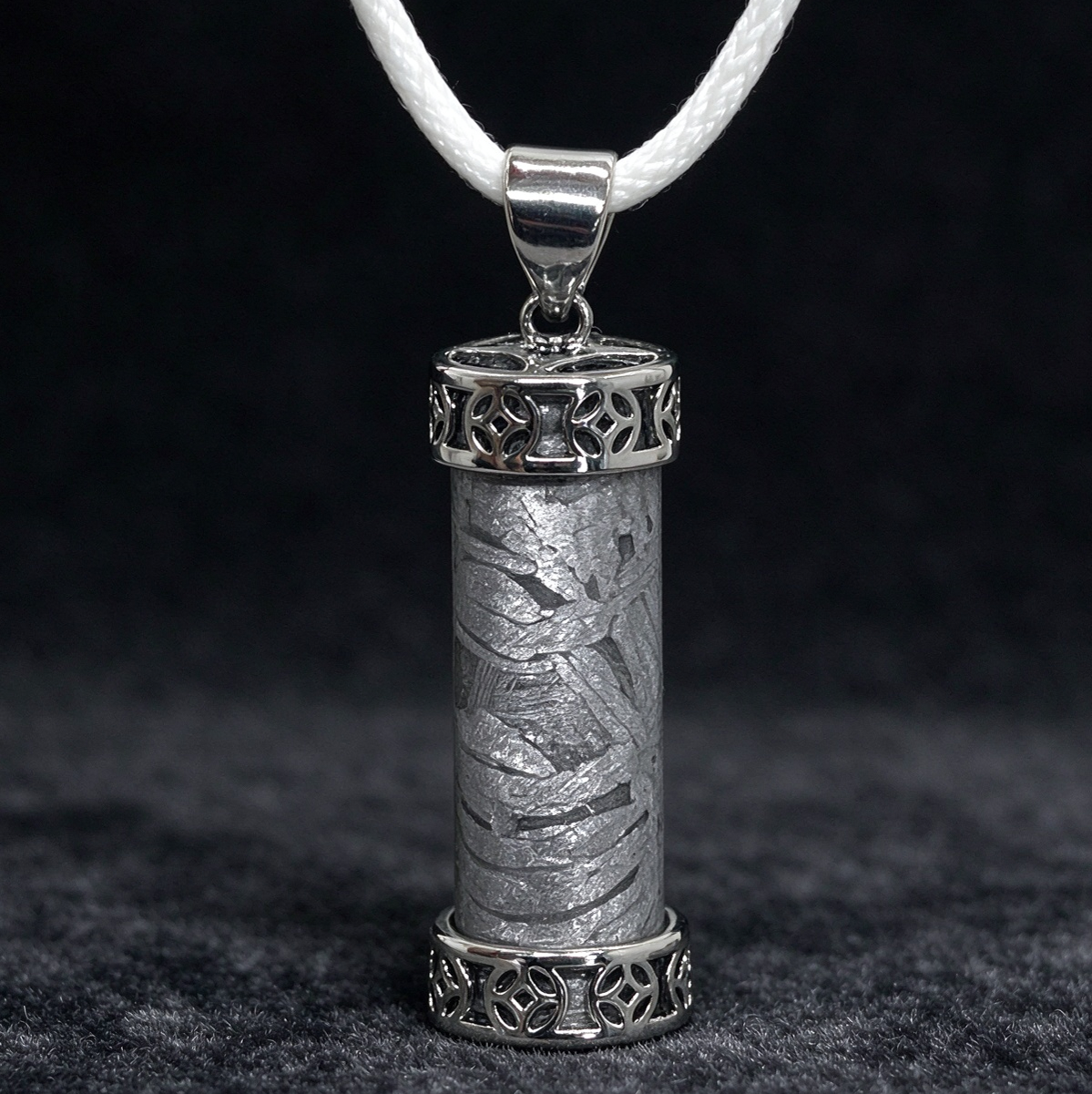 Muonionalusta Meteorite Column Pendant, Stainless Steel Hollow Coin Pattern Setting, White Braided Cord Necklace,