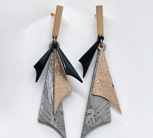 Muonionalusta Meteorite Earrings, Rose Gold Foil, Black Geometric, Space Jewelry