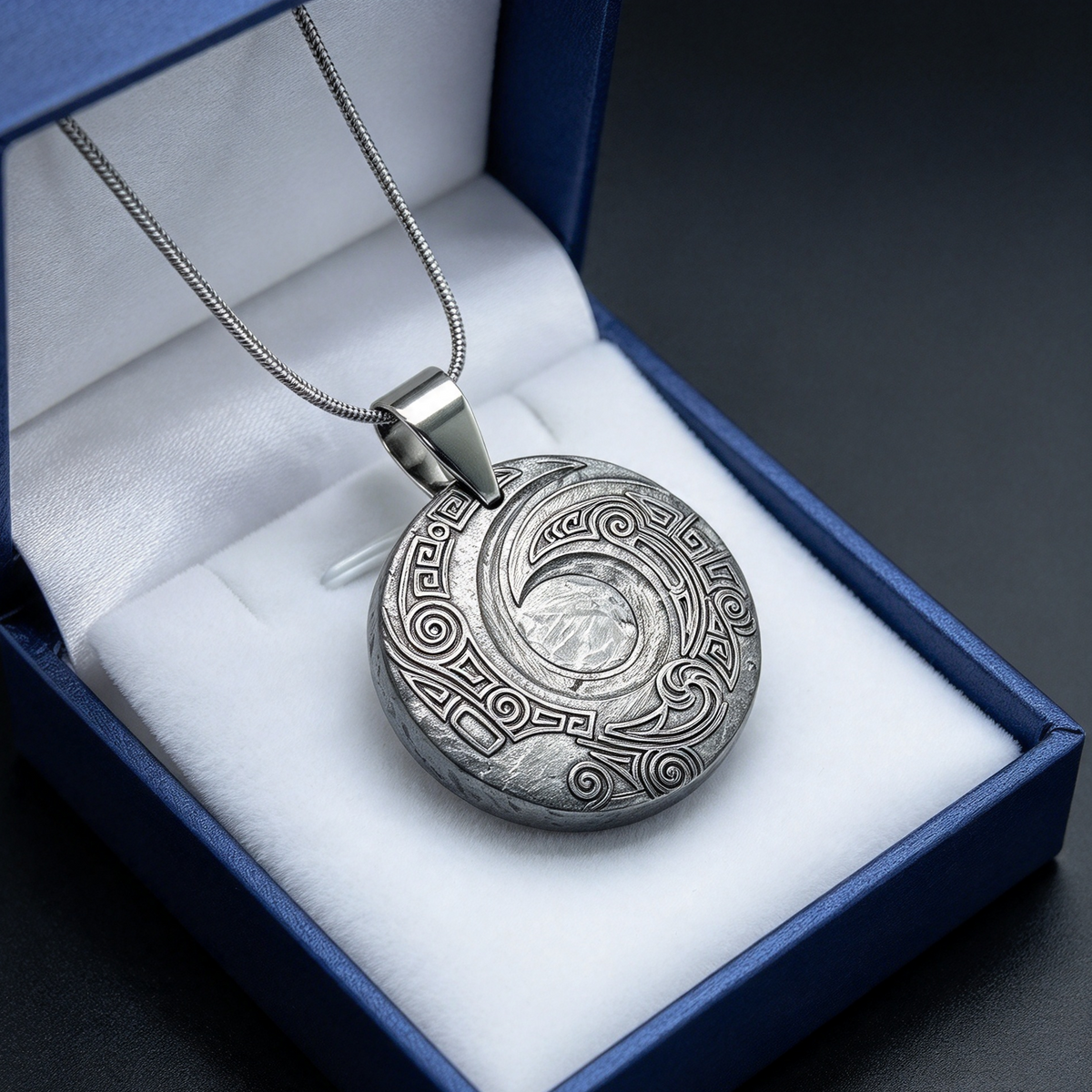 Muonionalusta meteorite pendant with naturally etched iron sample pattern