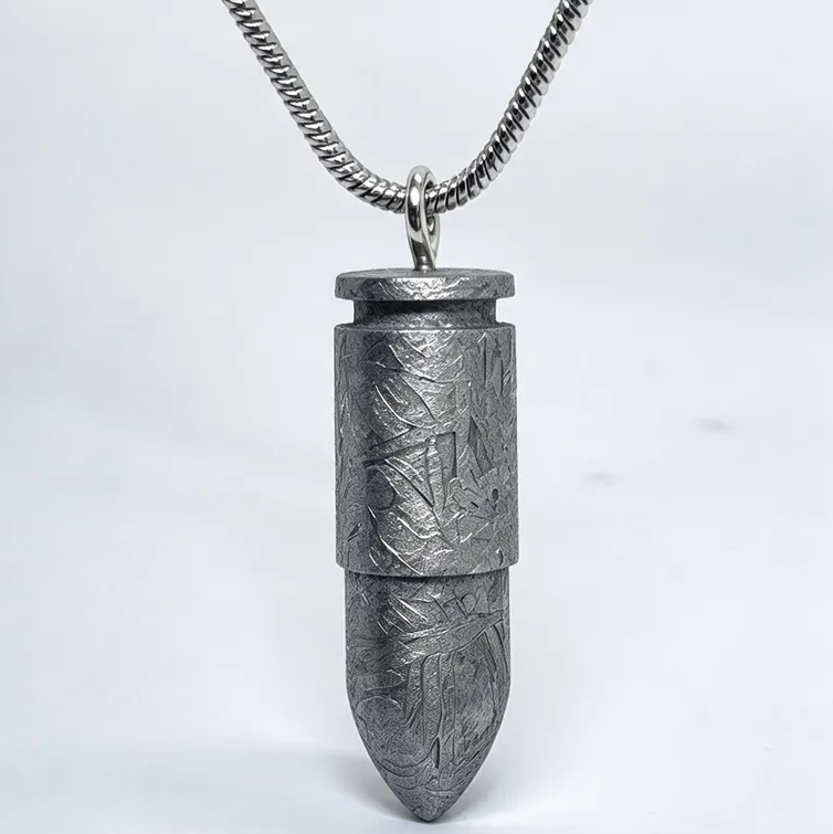 Hand Carved Muonionalusta Meteorite Bullet Necklace, Authentic Widmanstätten Pattern Space Pendant