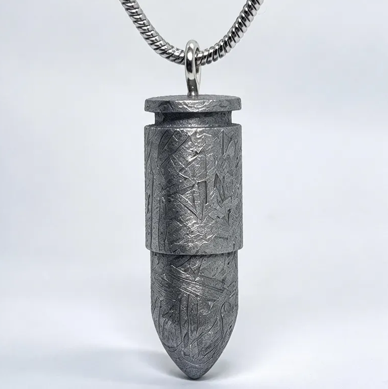 Hand Carved Muonionalusta Meteorite Bullet Necklace, Authentic Widmanstätten Pattern Space Pendant