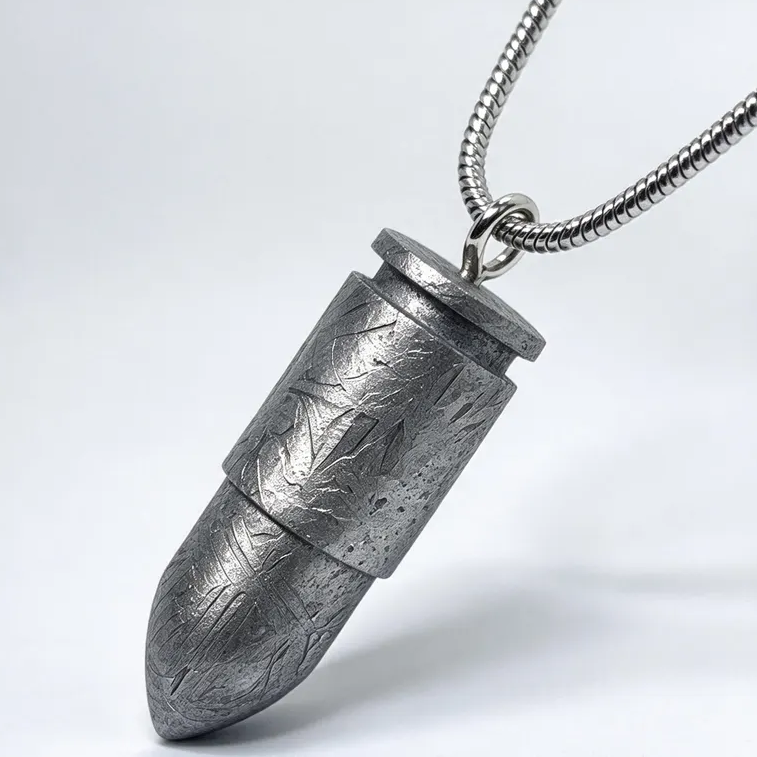 Hand Carved Muonionalusta Meteorite Bullet Necklace, Authentic Widmanstätten Pattern Space Pendant