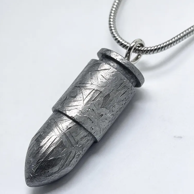 Hand Carved Muonionalusta Meteorite Bullet Necklace, Authentic Widmanstätten Pattern Space Pendant