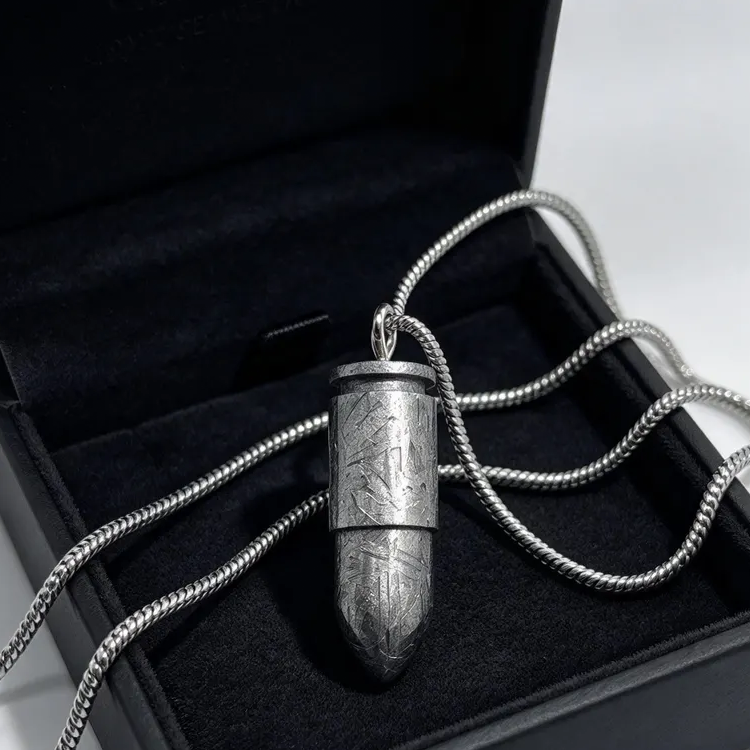 Hand Carved Muonionalusta Meteorite Bullet Necklace, Authentic Widmanstätten Pattern Space Pendant