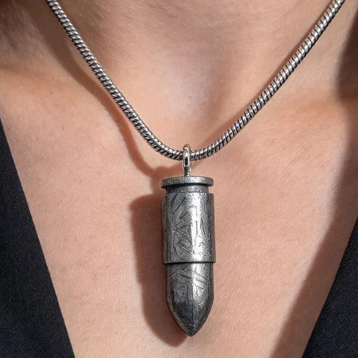 Hand Carved Muonionalusta Meteorite Bullet Necklace, Authentic Widmanstätten Pattern Space Pendant