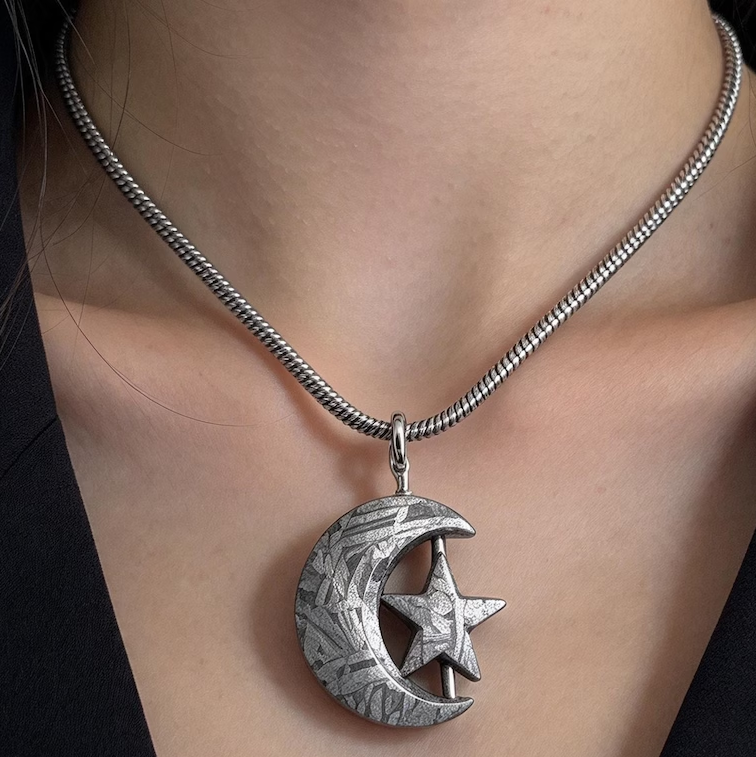 Natural Muonionalusta Meteorite Crescent Moon Star Pendant, Hand Carved Meteorite Necklace
