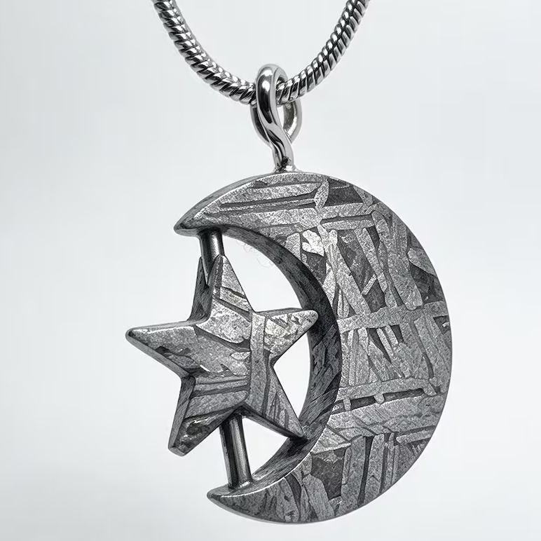 Natural Muonionalusta Meteorite Crescent Moon Star Pendant, Hand Carved Meteorite Necklace