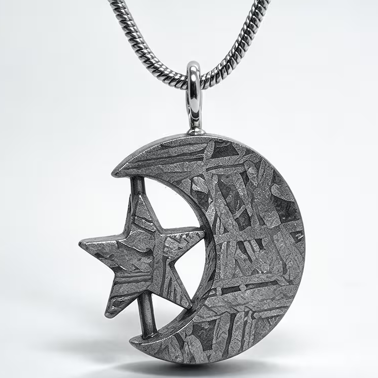 Natural Muonionalusta Meteorite Crescent Moon Star Pendant, Hand Carved Meteorite Necklace