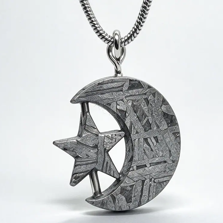 Natural Muonionalusta Meteorite Crescent Moon Star Pendant, Hand Carved Meteorite Necklace