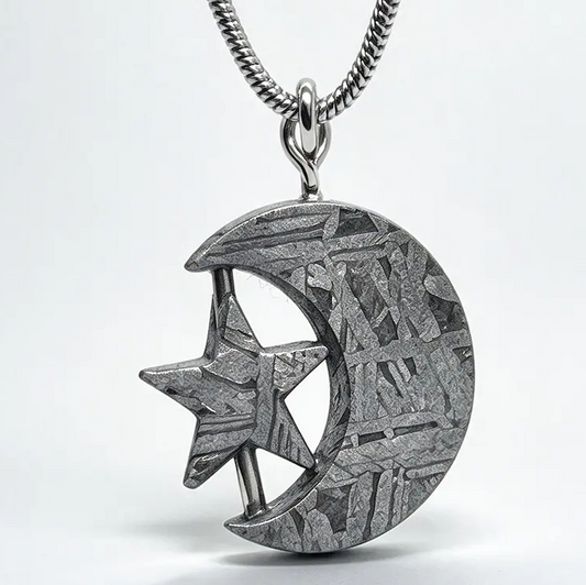Natural Muonionalusta Meteorite Crescent Moon Star Pendant, Hand Carved Meteorite Necklace