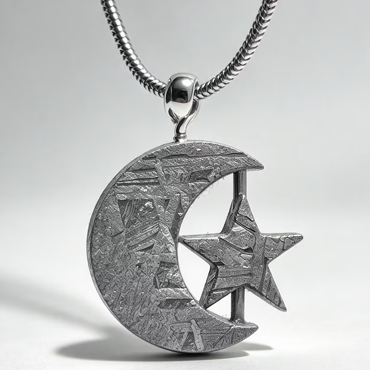 Natural Muonionalusta Meteorite Crescent Moon Star Pendant, Hand Carved Meteorite Necklace