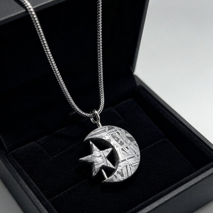 Natural Muonionalusta Meteorite Crescent Moon Star Pendant, Hand Carved Meteorite Necklace