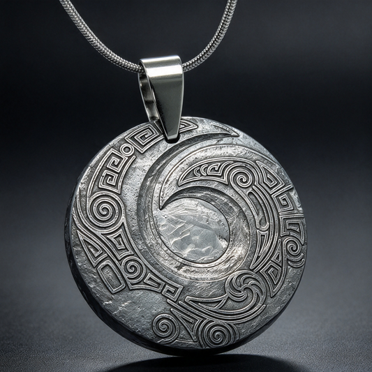 Muonionalusta meteorite pendant with naturally etched iron sample pattern