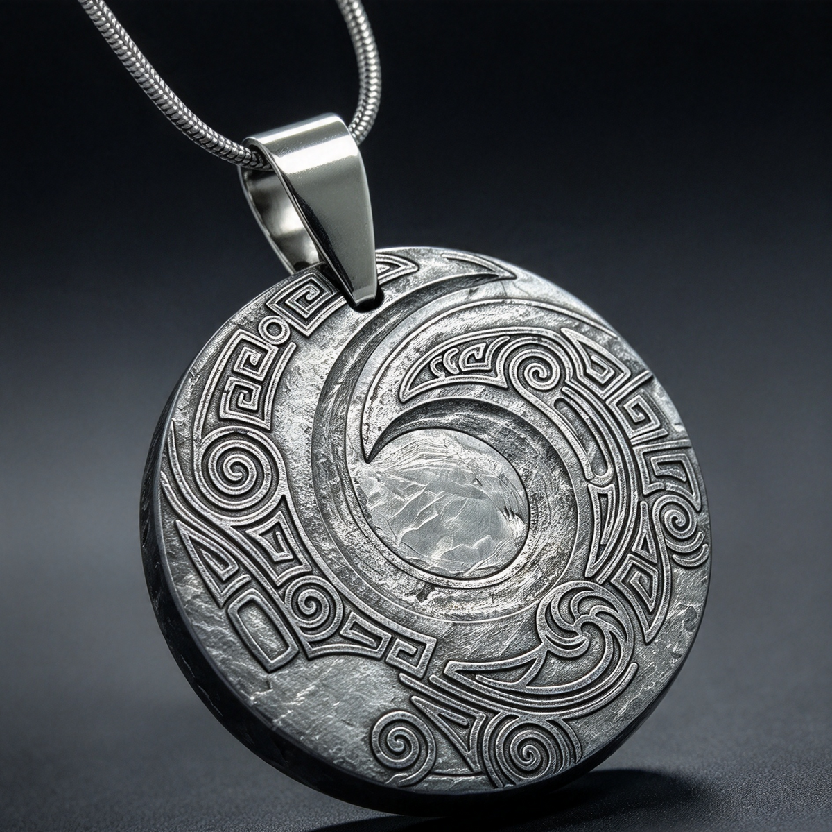 Muonionalusta meteorite pendant with naturally etched iron sample pattern