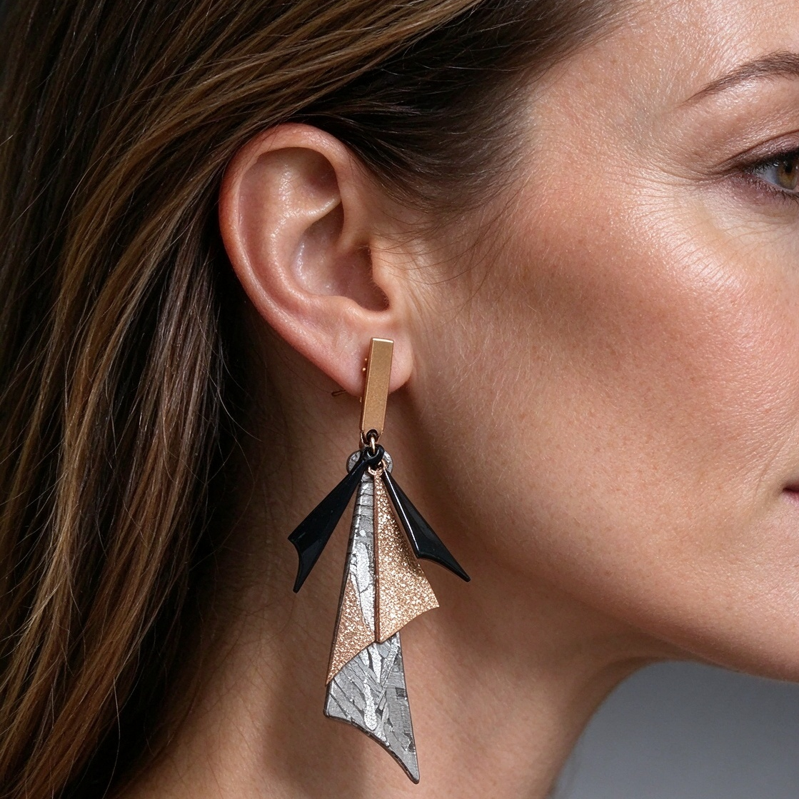 Muonionalusta Meteorite Earrings, Rose Gold Foil, Black Geometric, Space Jewelry