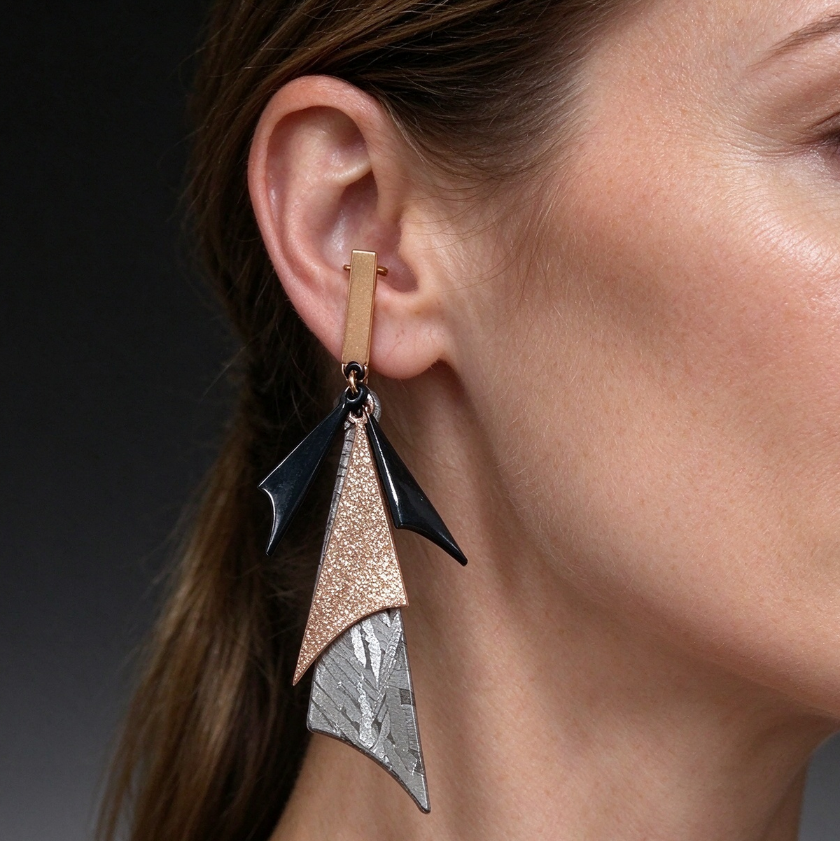 Muonionalusta Meteorite Earrings, Rose Gold Foil, Black Geometric, Space Jewelry