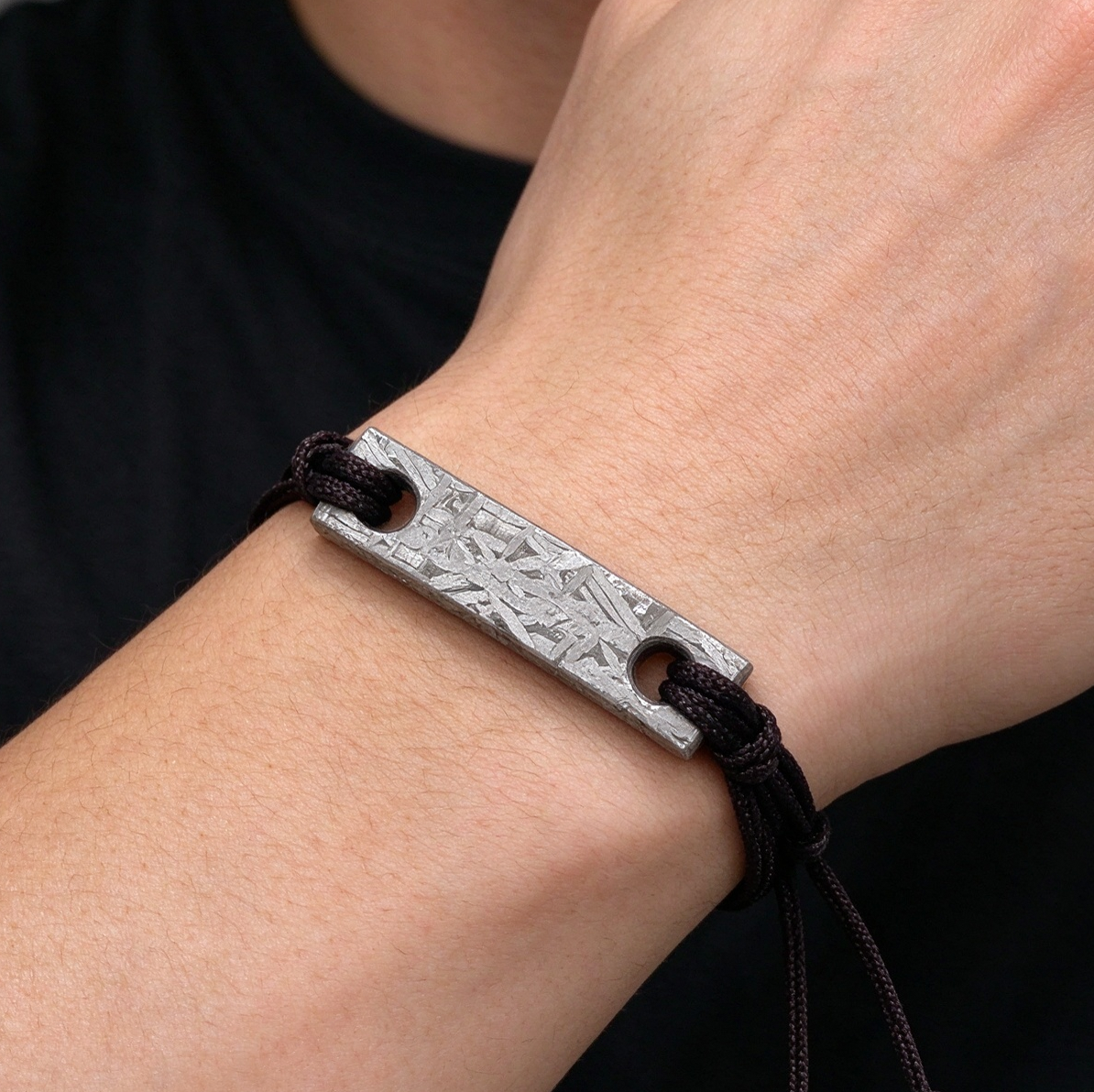 Muonionalusta Meteorite Bracelet, Etched Iron Space Jewelry, Adjustable Rope Chain