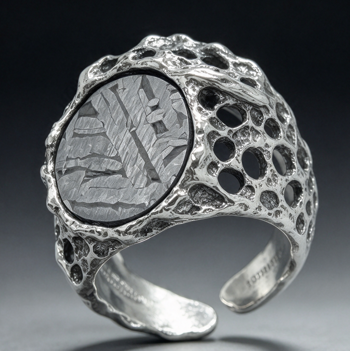 Handmade Irregular Texture Open Ring, Natural Etched Muonionalusta Meteorite Inlay Daily Wear Ring