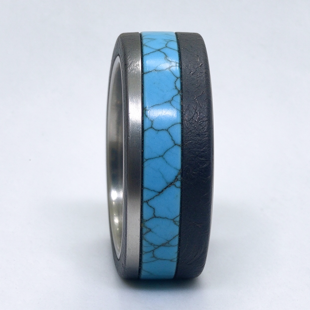 Handmade Munioanasterra Meteorite Ring, Turquoise Inlay, Space Rock Wedding Band