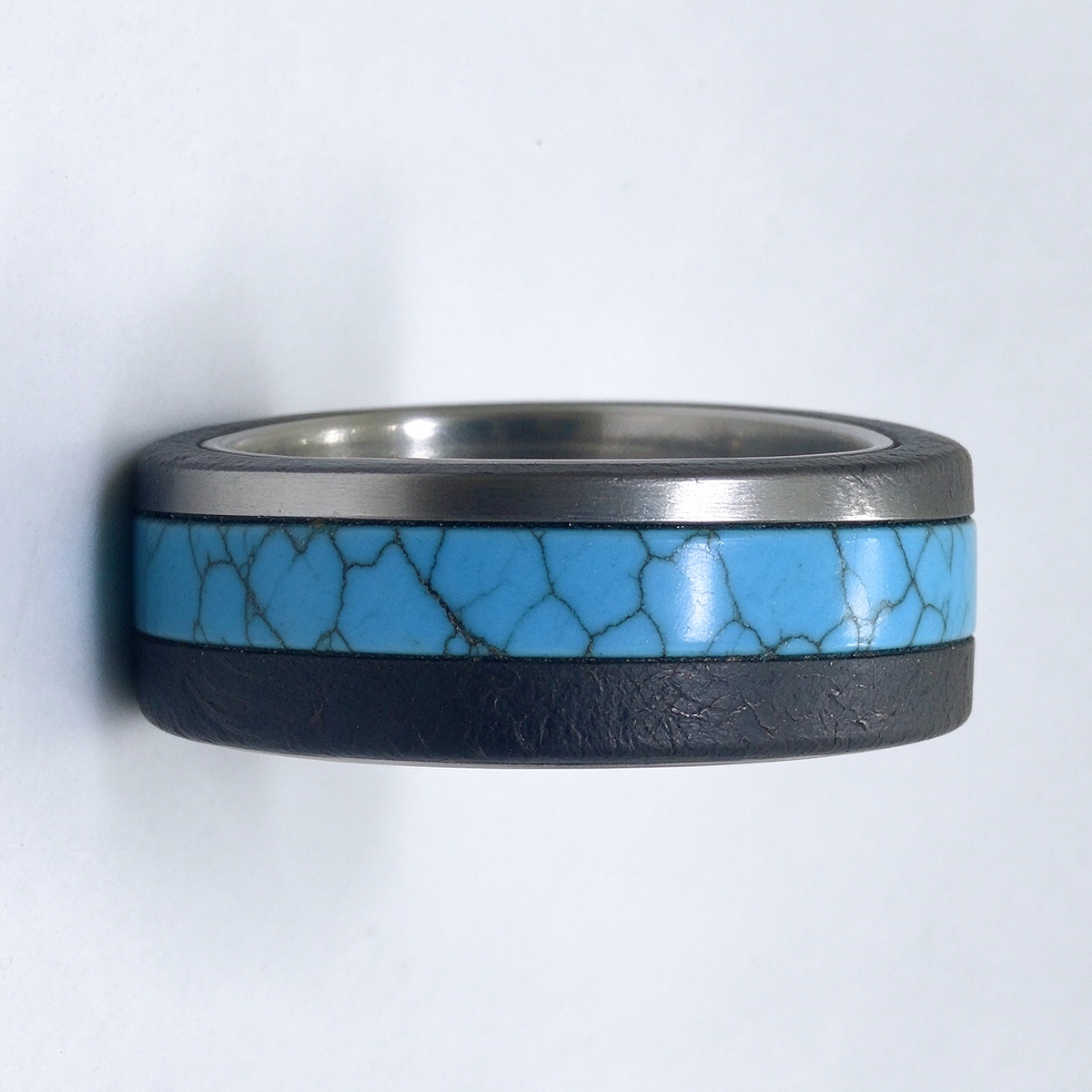 Handmade Munioanasterra Meteorite Ring, Turquoise Inlay, Space Rock Wedding Band