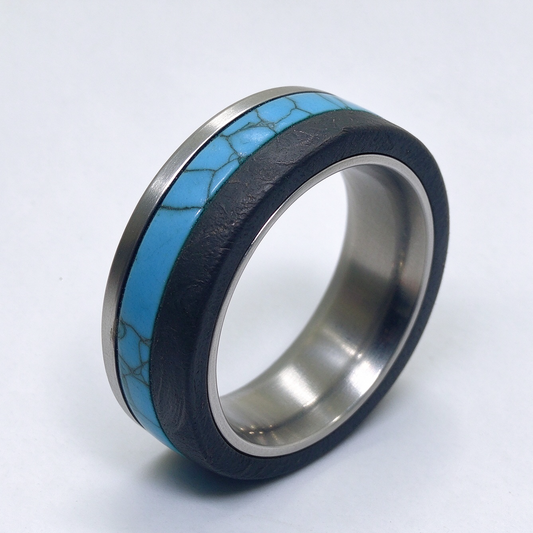 Handmade Munioanasterra Meteorite Ring, Turquoise Inlay, Space Rock Wedding Band