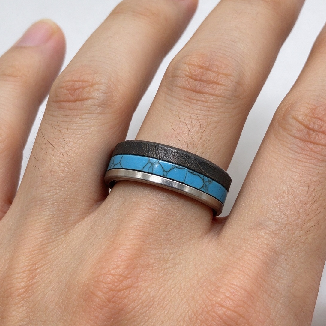 Handmade Munioanasterra Meteorite Ring, Turquoise Inlay, Space Rock Wedding Band