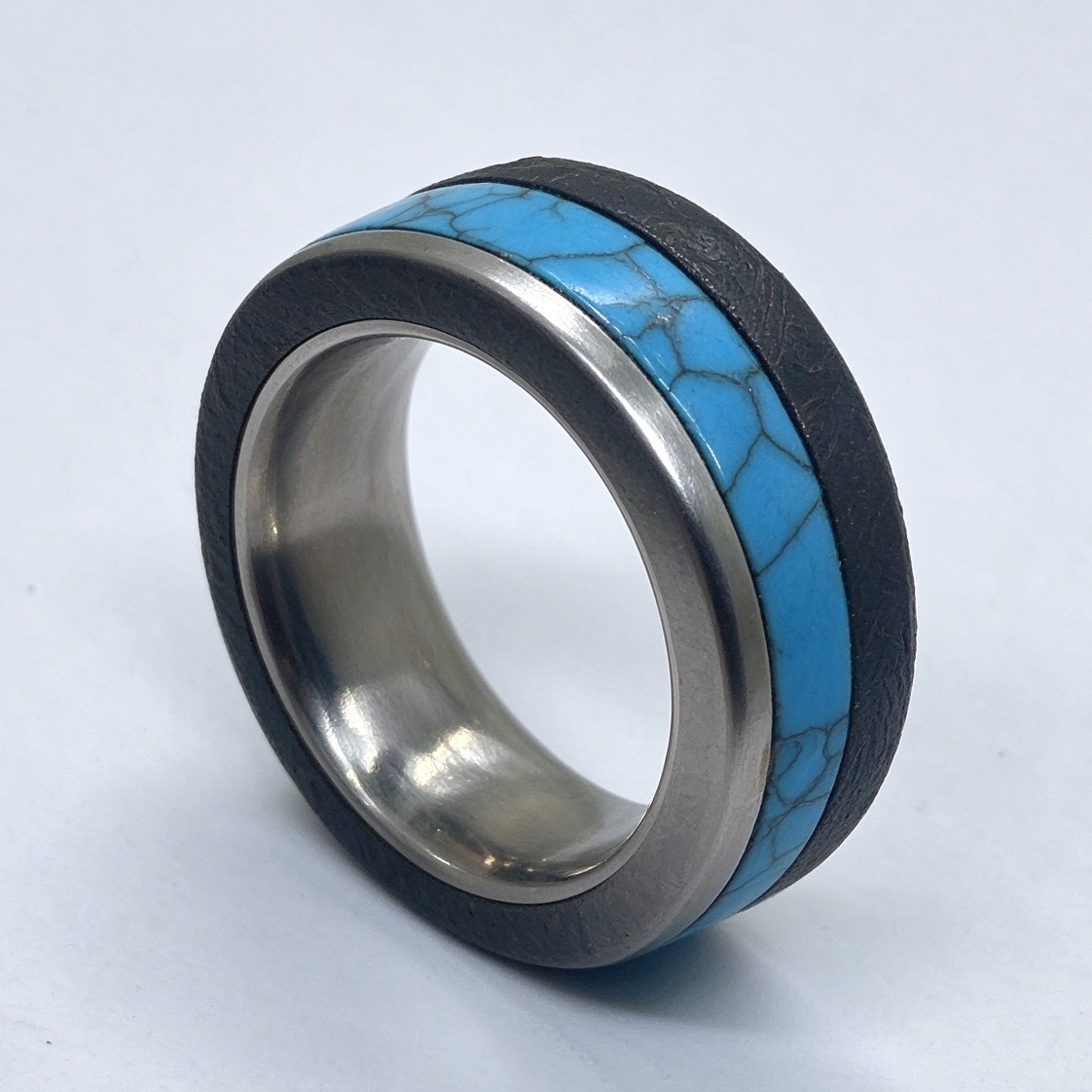 Handmade Munioanasterra Meteorite Ring, Turquoise Inlay, Space Rock Wedding Band