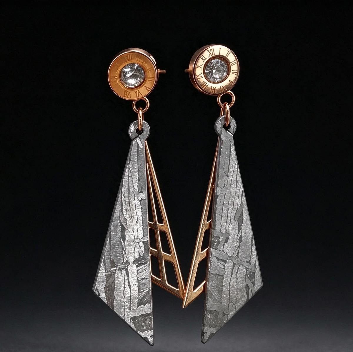 Muonionalusta Meteorite Drop Earrings, Rose Gold Crystal Studs, Celestial Dangle
