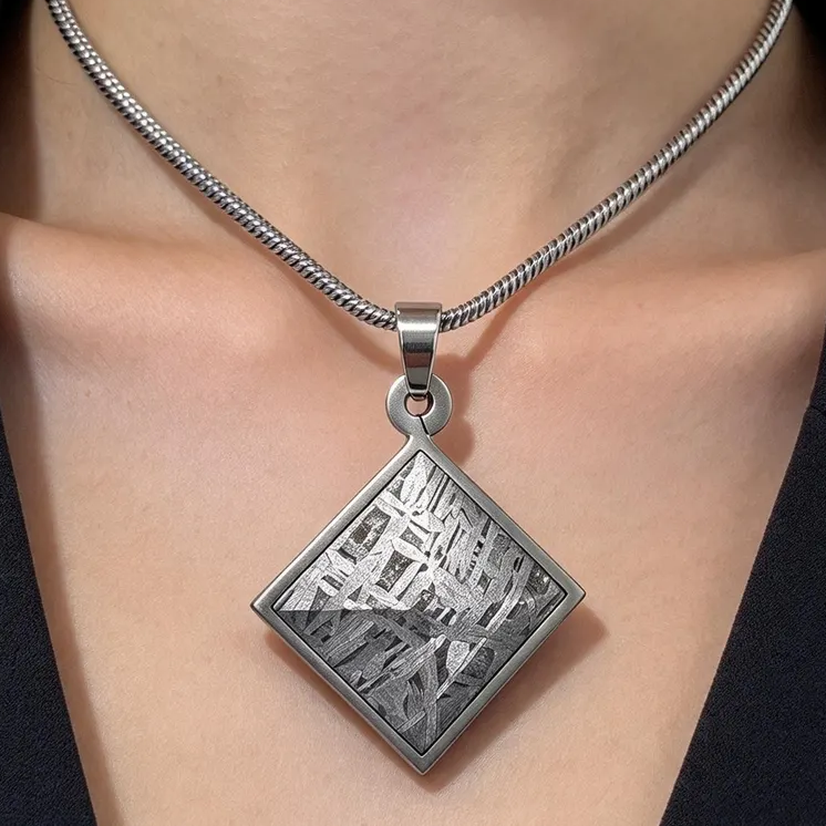 Genuine Muonionalusta Meteorite Square Pendant, Faceted Cut Meteorite Necklace