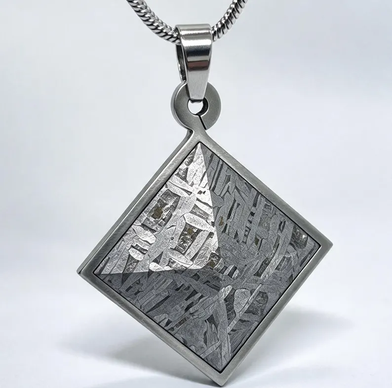 Genuine Muonionalusta Meteorite Square Pendant, Faceted Cut Meteorite Necklace