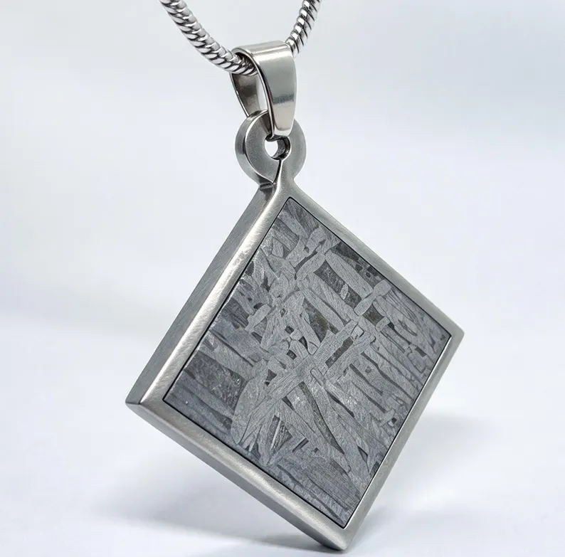 Genuine Muonionalusta Meteorite Square Pendant, Faceted Cut Meteorite Necklace