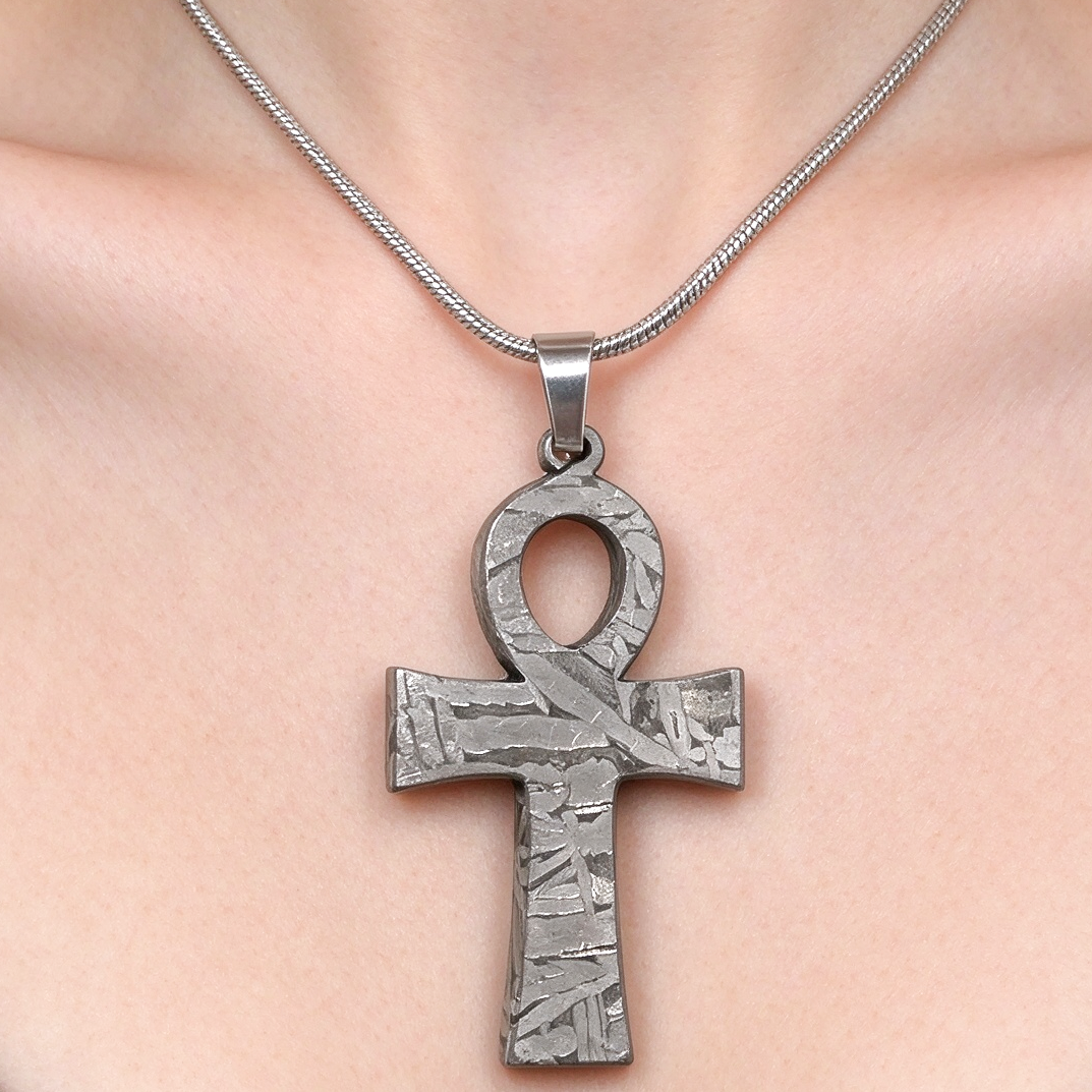 Muonionalusta meteorite pendant cross, with naturally etched iron sample pattern Meteorite Necklace / Earrings