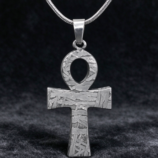 Muonionalusta meteorite pendant cross, with naturally etched iron sample pattern Meteorite Necklace / Earrings
