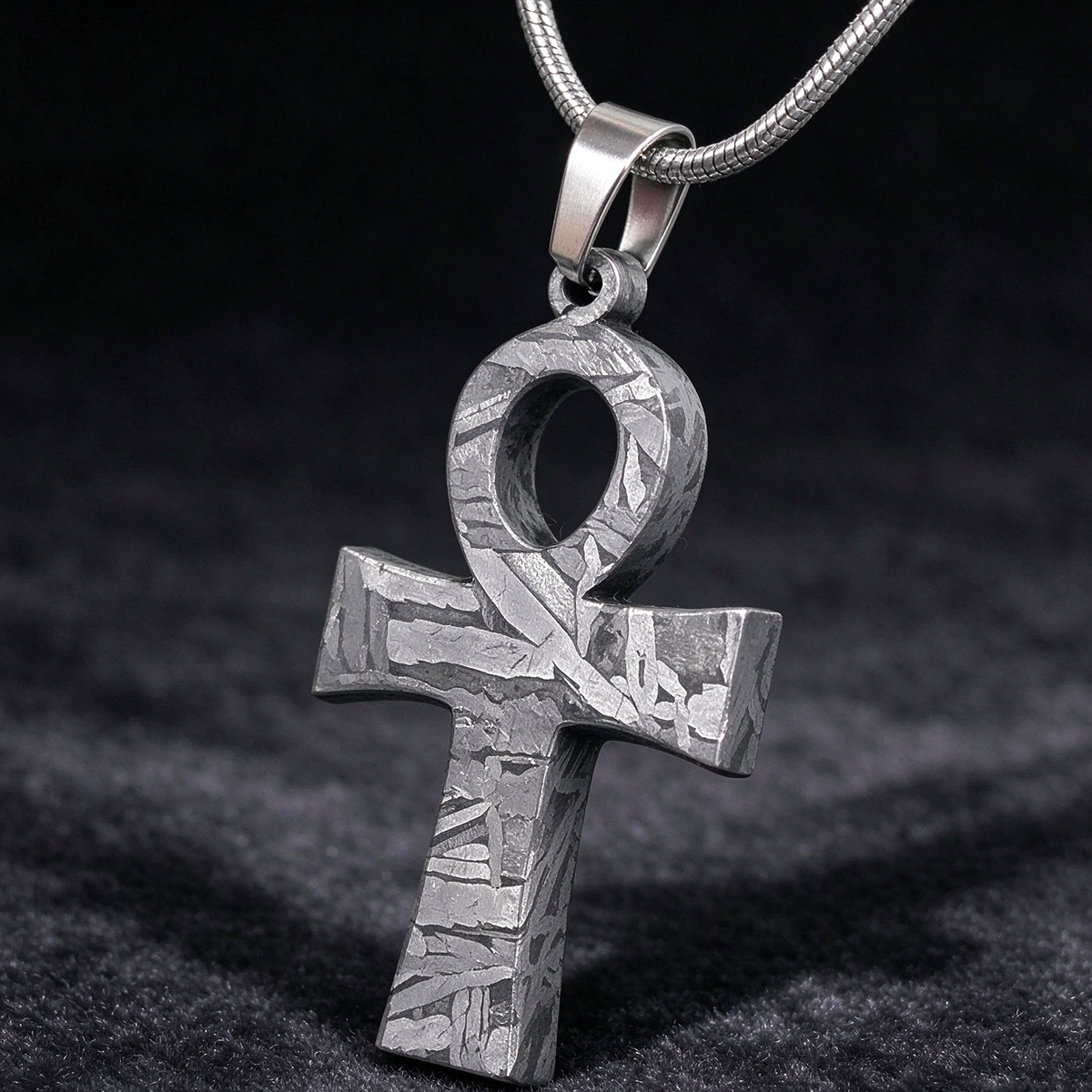 Muonionalusta meteorite pendant cross, with naturally etched iron sample pattern Meteorite Necklace / Earrings