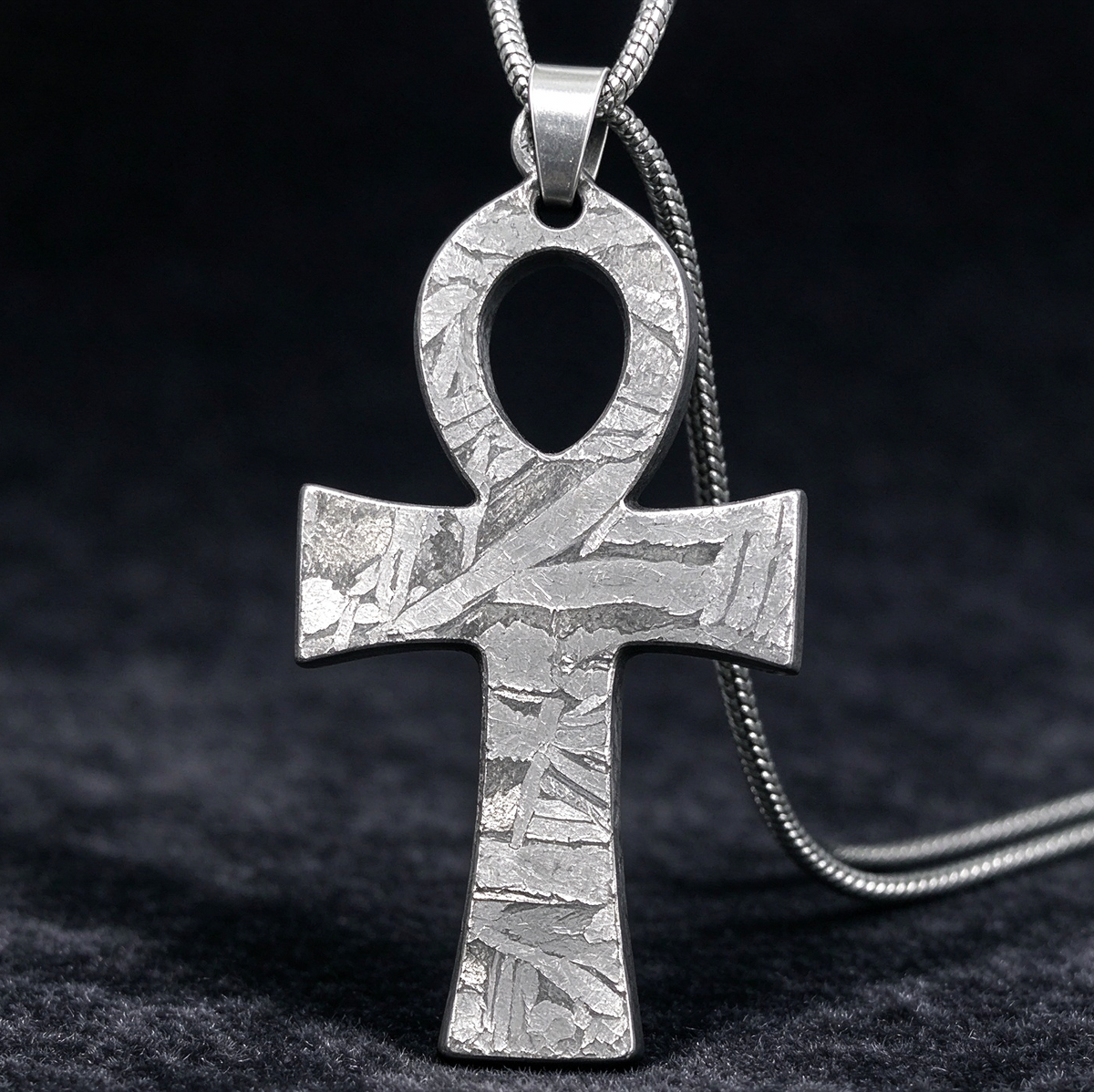 Muonionalusta meteorite pendant cross, with naturally etched iron sample pattern Meteorite Necklace / Earrings