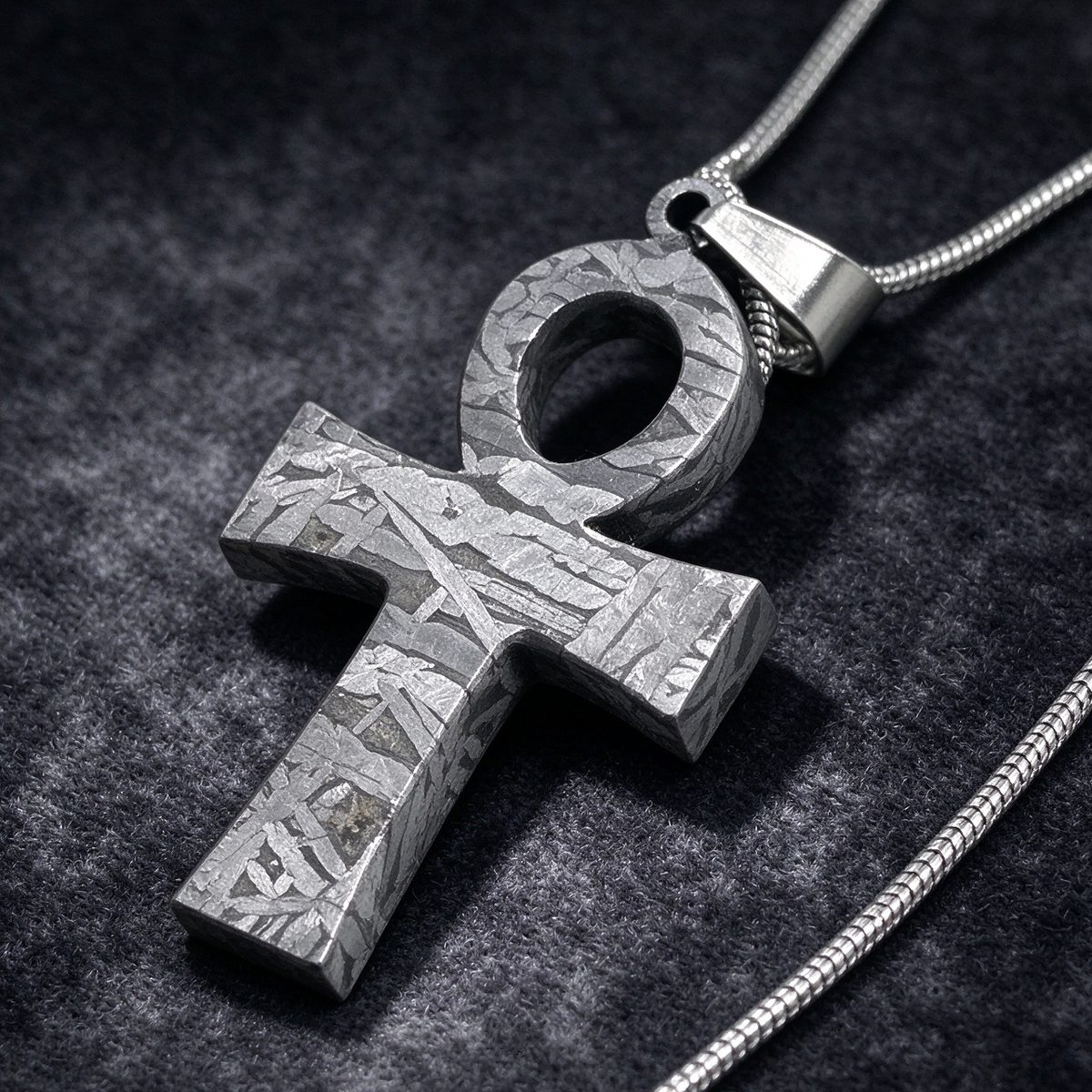 Muonionalusta meteorite pendant cross, with naturally etched iron sample pattern Meteorite Necklace / Earrings