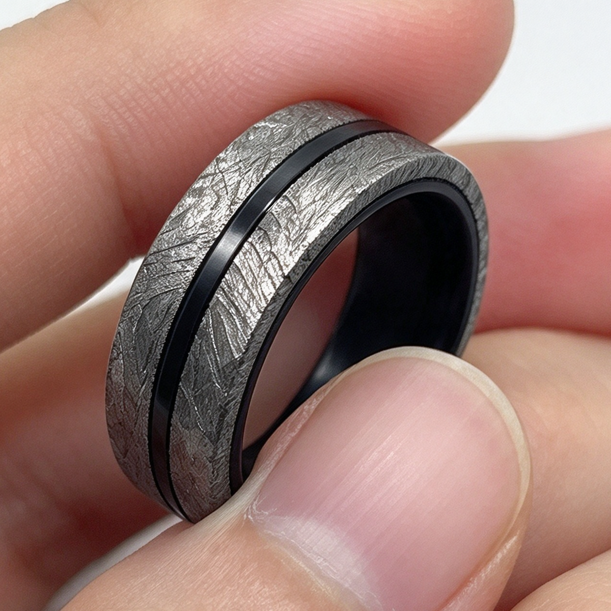 Muonionalusta Meteorite & Carbon Fiber Mens Ring, Mens Wedding Band