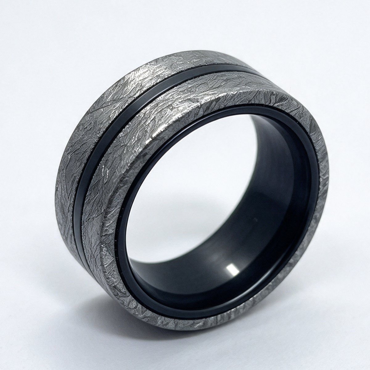 Muonionalusta Meteorite & Carbon Fiber Mens Ring, Mens Wedding Band