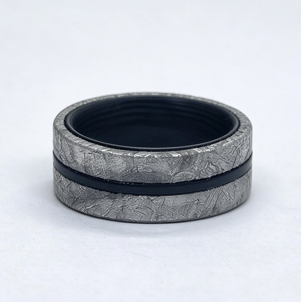 Muonionalusta Meteorite & Carbon Fiber Mens Ring, Mens Wedding Band
